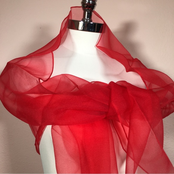 Vintage 40 50 Retro Sheer Red Oversized Long Scarf Wrap Minimalist Evening - Picture 10 of 15
